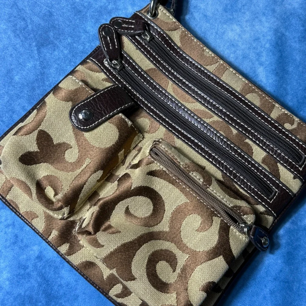 Y2K Brown Tan Swirl Crossbody Shoulder Bag Multi Pocket Organizer Purse